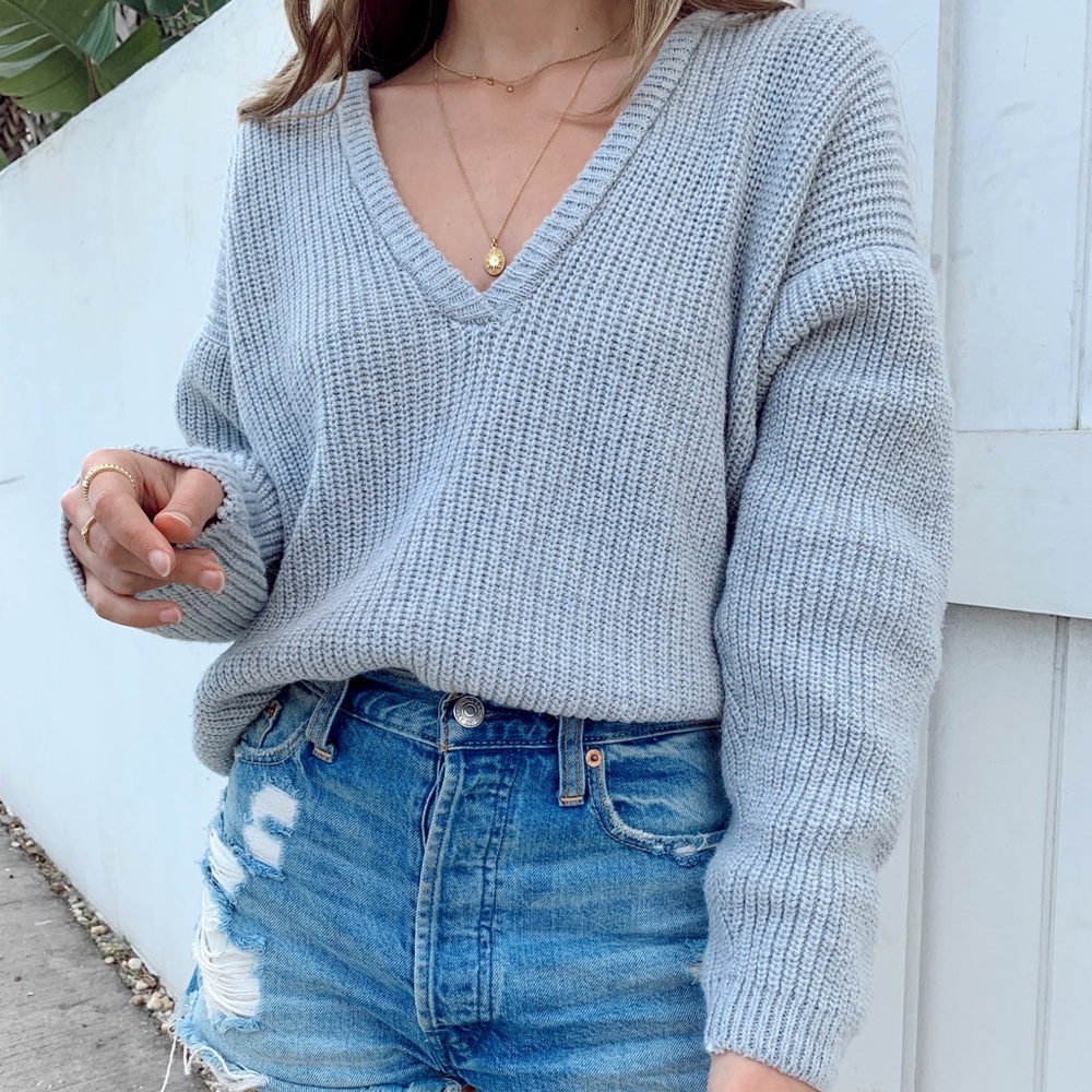NEW! Chic Grey Vneck Sweater - Picture 2 of 5